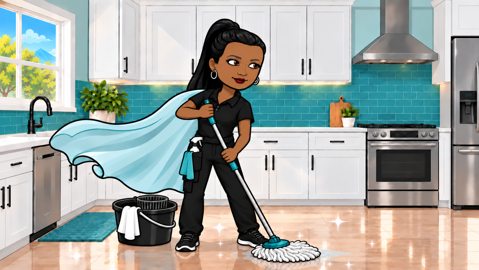 A woman wearing a blue apron and yellow gloves is seen cleaning a workspace filled with plants, natural light, and minimalistic decor. She is focused on organizing items on the table.